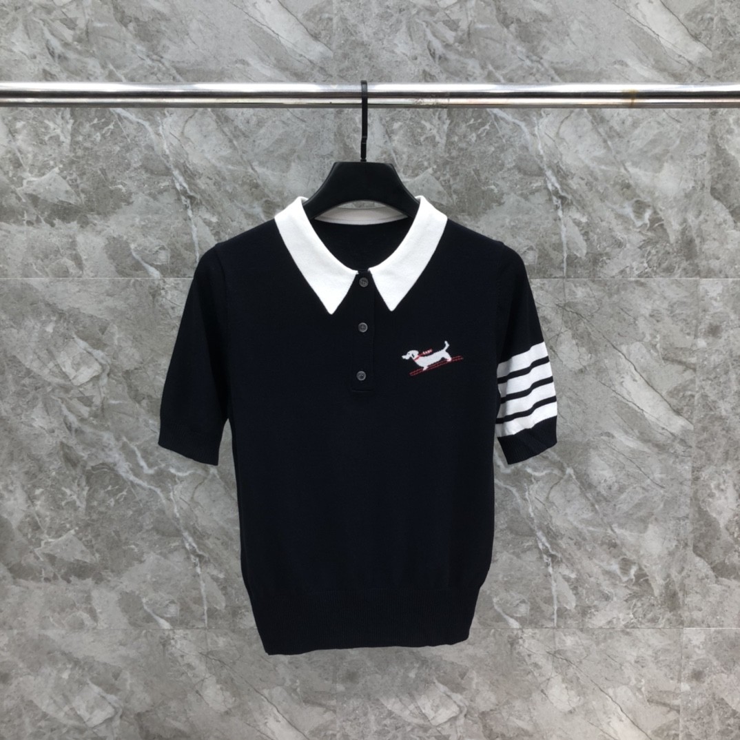 [TOM BROWNE -톰브라운 ] 톰브라운 여성 헥터 아이콘 폴로 반팔 니트 블랙