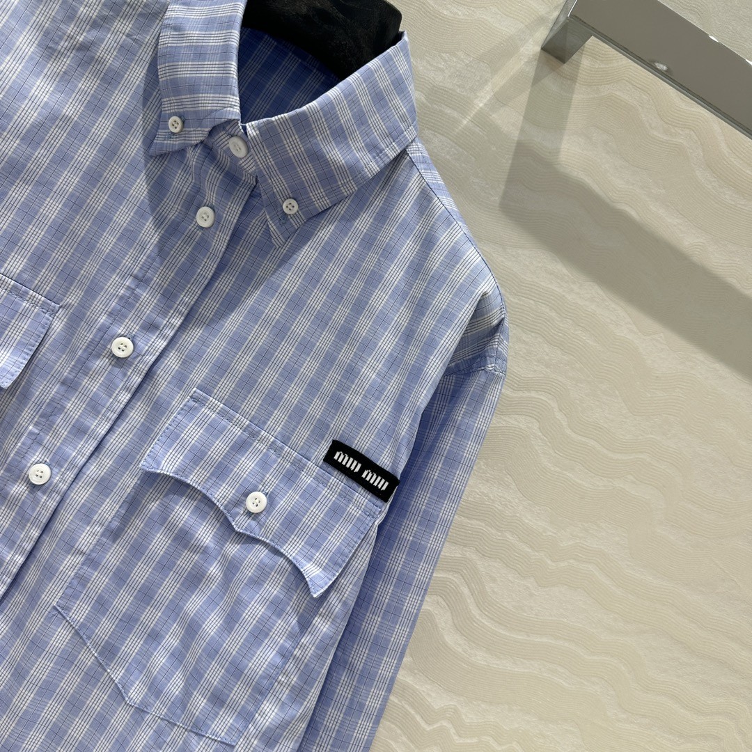 [MIU MIU-미우미우] 미우미우 자수 스트라이프 크롭셔츠