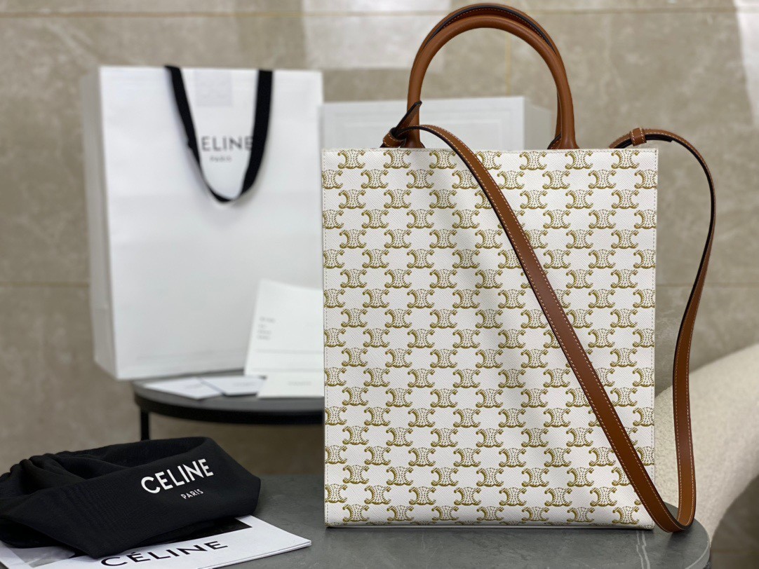 [CELINE-셀린느]  스몰 버티컬 카바스 - CELINE 프린트 트리옹프 캔버스 & 카프스킨  화이트 [백경]