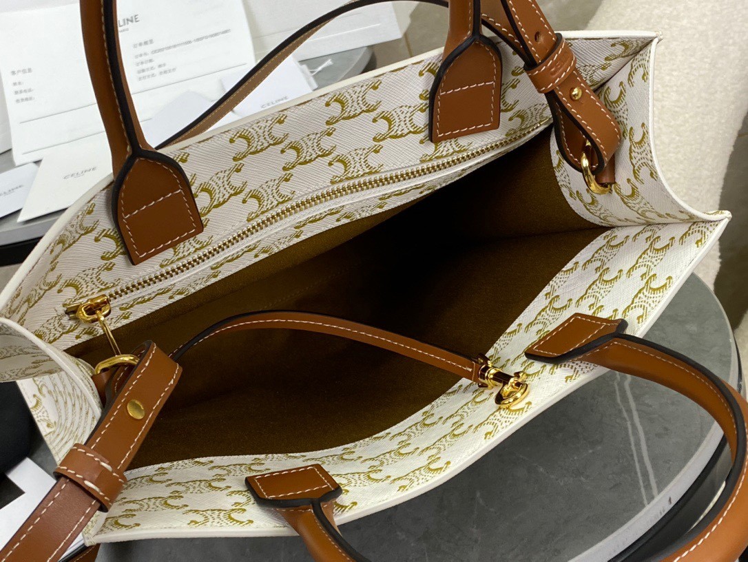 [CELINE-셀린느]  스몰 버티컬 카바스 - CELINE 프린트 트리옹프 캔버스 & 카프스킨  화이트 [백경]